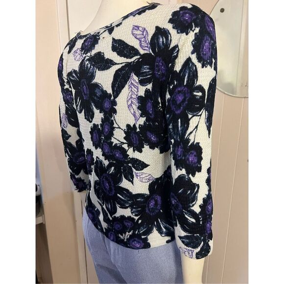 SoCa St. John Wool Blend 3/4 Sleeve V-Neck Beaded Floral Print Lightweight Sweat - Picture 7 of 11